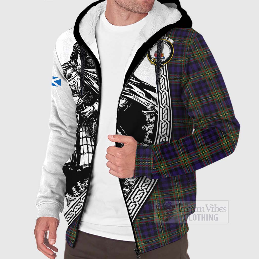 Tartan Vibes Clothing Clelland Tartan Clan Crest Sherpa Hoodie with Highlander Warrior Celtic Style