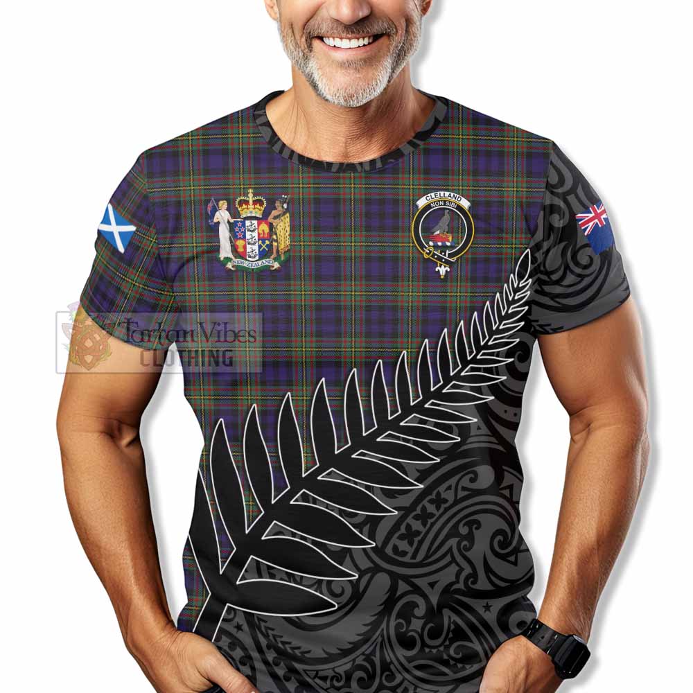 Tartan Vibes Clothing Clelland Crest Tartan T-Shirt with New Zealand Silver Fern Half Style