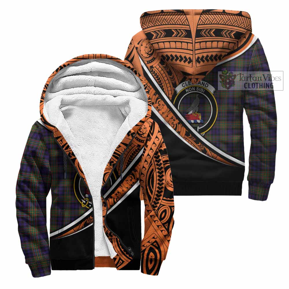 Tartan Vibes Clothing Clelland Crest Tartan Sherpa Hoodie with Maori Tattoo Style - Orange Version