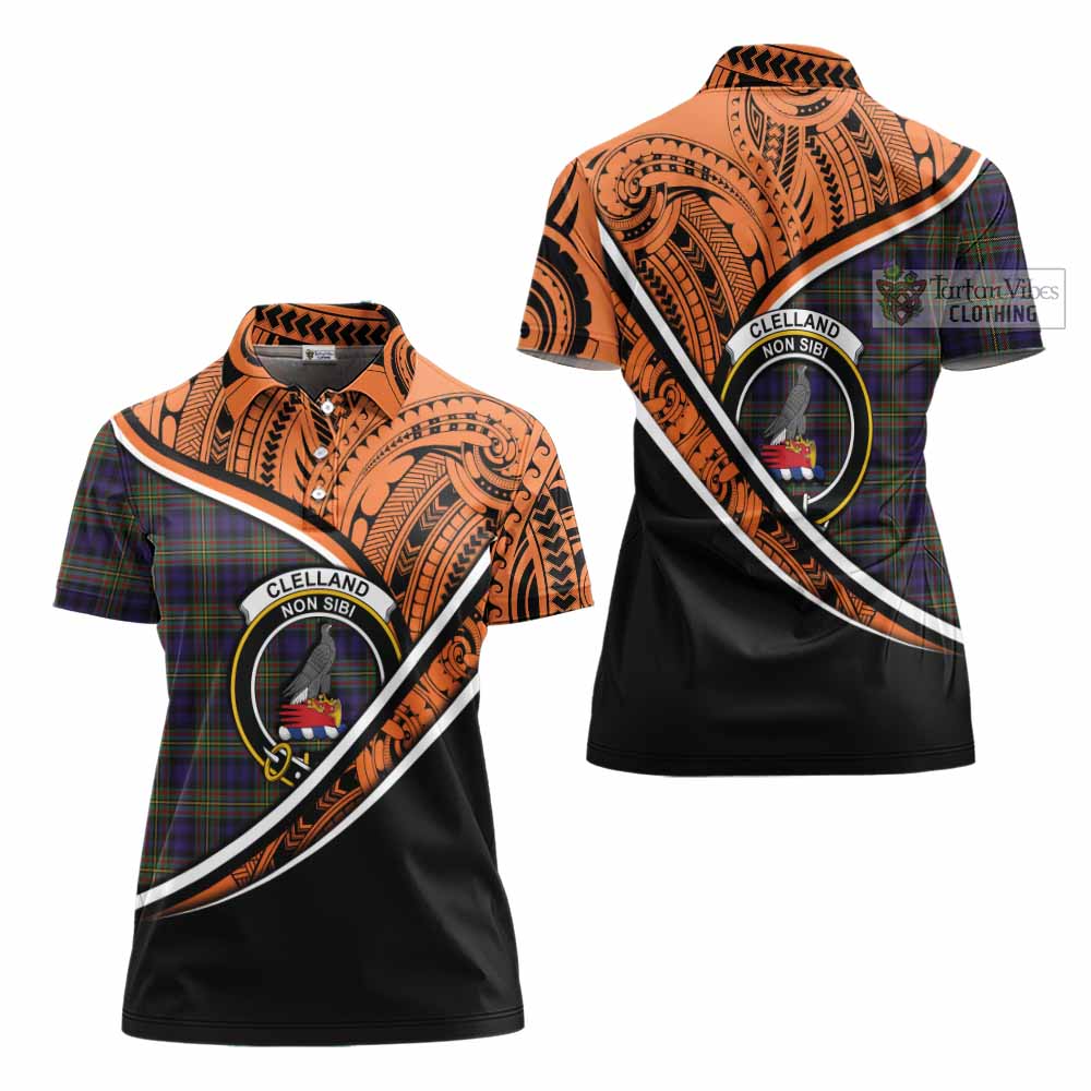 Tartan Vibes Clothing Clelland Crest Tartan Women's Polo Shirt with Maori Tattoo Style - Orange Version