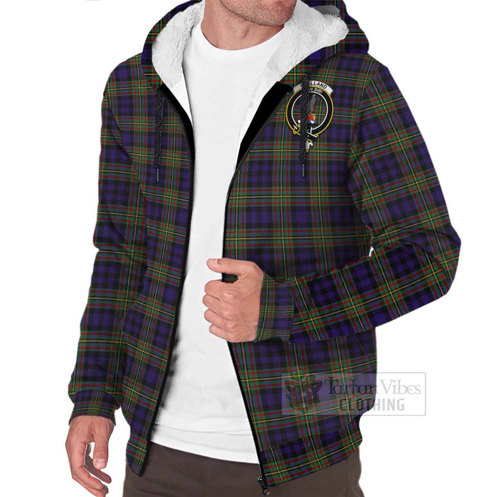 Tartan Vibes Clothing Clelland Tartan Sherpa Hoodie with Family Crest and Bearded Skull Holding Bottles of Whiskey