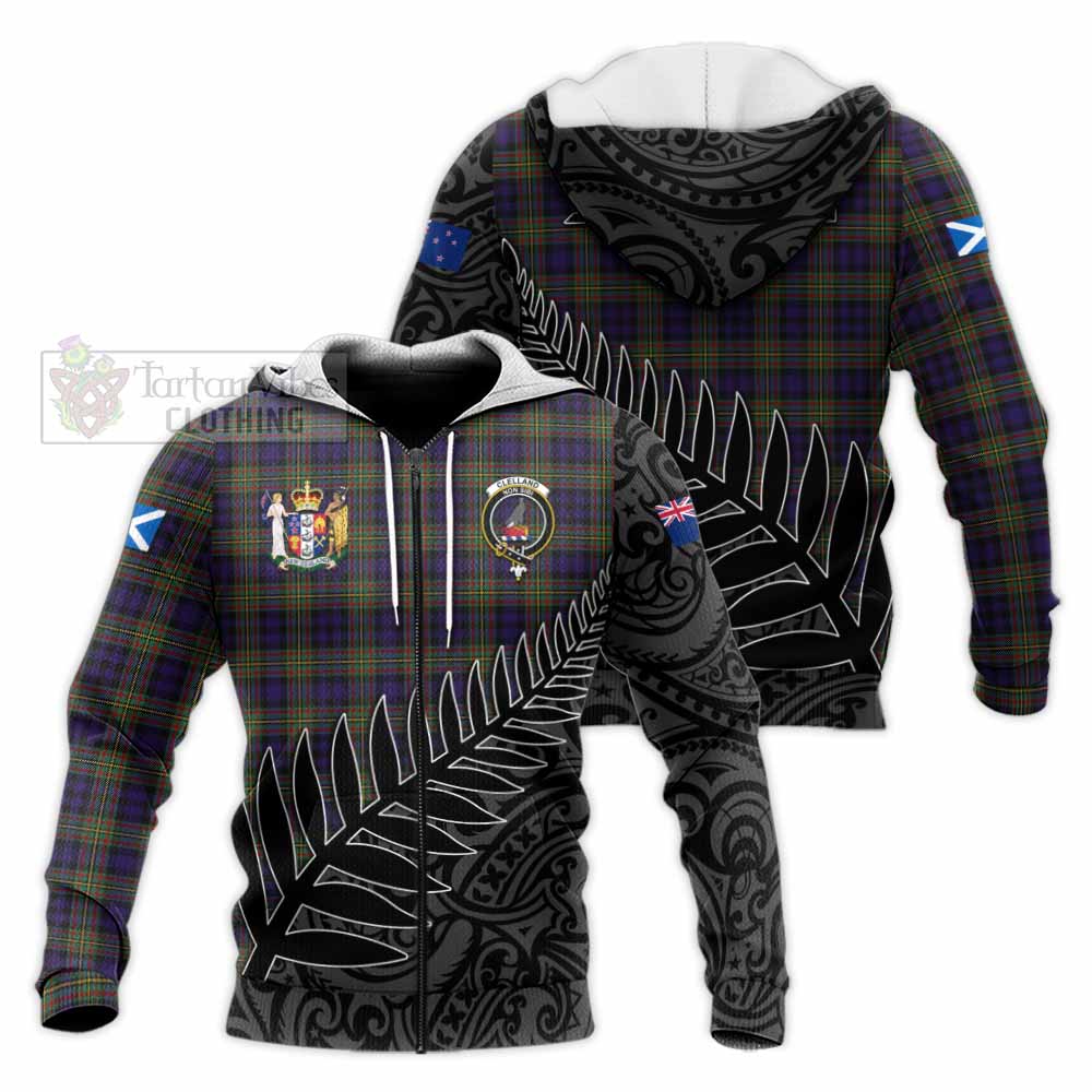 Tartan Vibes Clothing Clelland Crest Tartan Knitted Hoodie with New Zealand Silver Fern Half Style