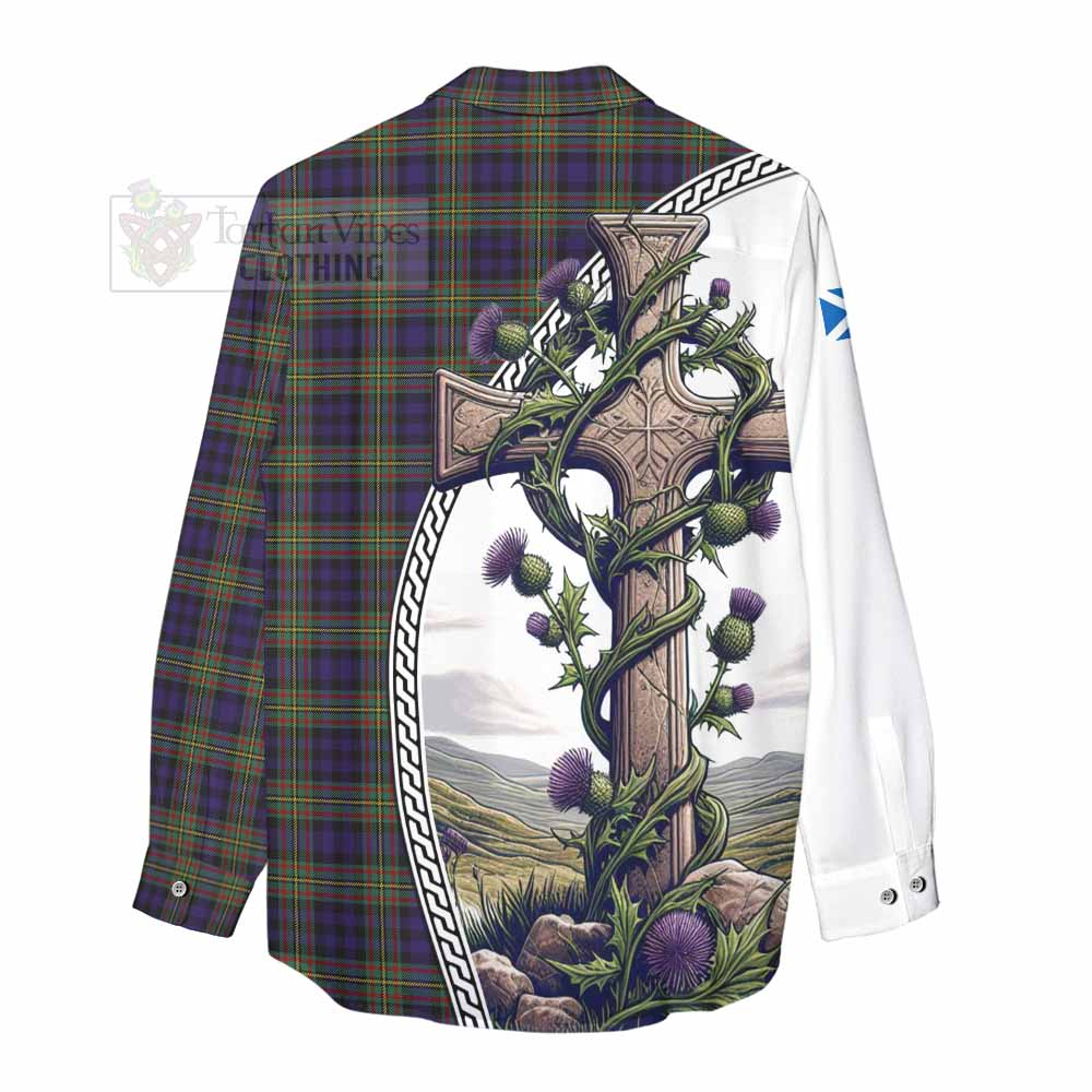 Tartan Vibes Clothing Clelland Tartan Women's Casual Shirt with Family Crest and St. Andrew's Cross Accented by Thistle Vines