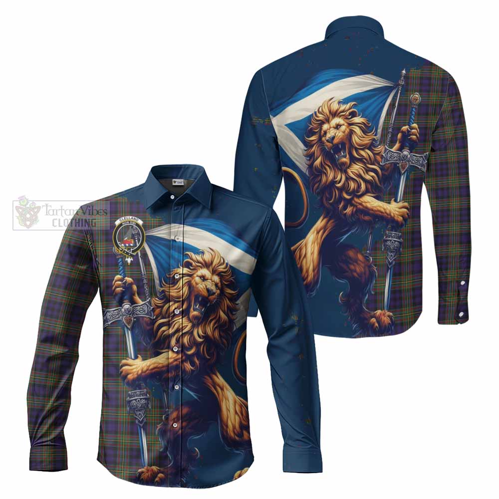 Clelland Tartan Family Crest Long Sleeve Button Shirt with Scottish Majestic Lion - Tartan Vibes Clothing
