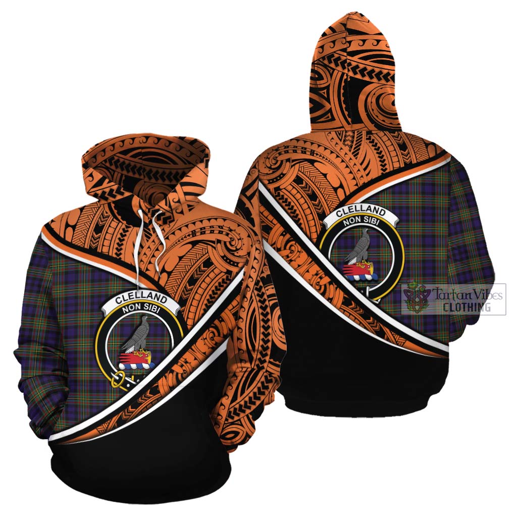 Tartan Vibes Clothing Clelland Crest Tartan Cotton Hoodie with Maori Tattoo Style - Orange Version