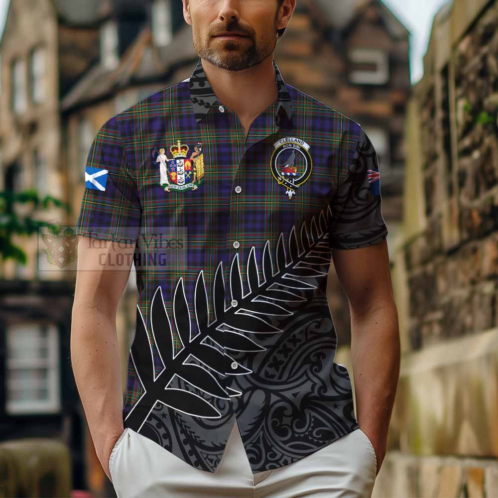 Tartan Vibes Clothing Clelland Crest Tartan Short Sleeve Button Shirt with New Zealand Silver Fern Half Style