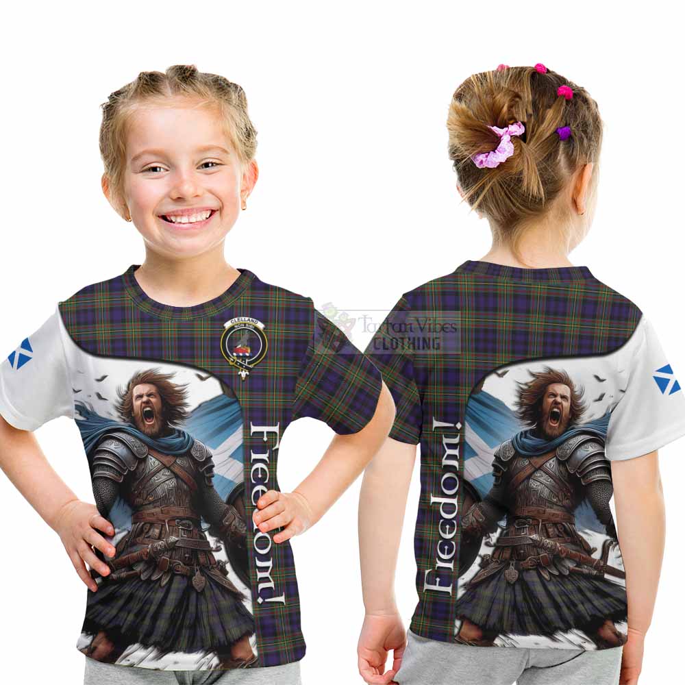 Tartan Vibes Clothing Clelland Crest Tartan Kid T-Shirt Inspired by the Freedom of Scottish Warrior