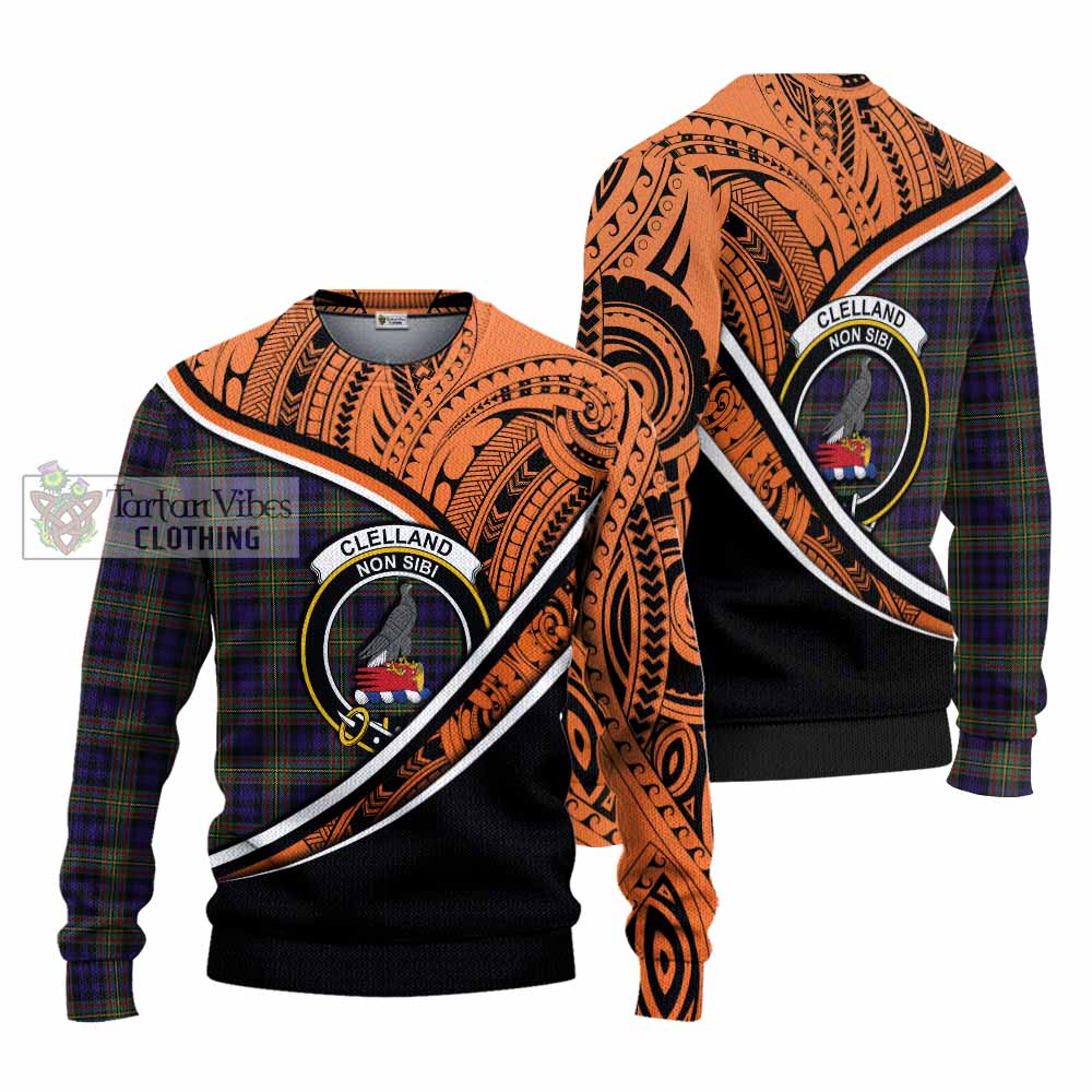 Tartan Vibes Clothing Clelland Crest Tartan Knitted Sweater with Maori Tattoo Style - Orange Version