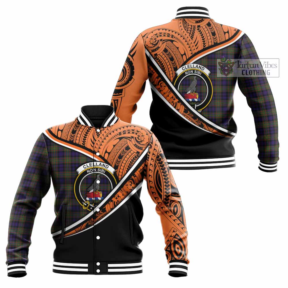 Tartan Vibes Clothing Clelland Crest Tartan Baseball Jacket with Maori Tattoo Style - Orange Version