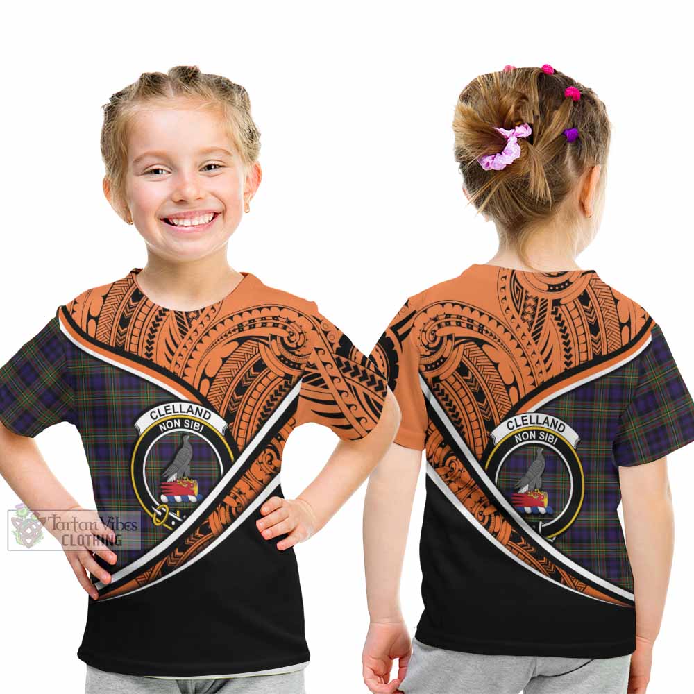 Tartan Vibes Clothing Clelland Crest Tartan Kid T-Shirt with Maori Tattoo Style - Orange Version