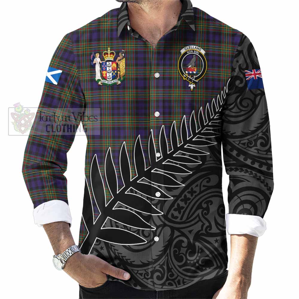 Tartan Vibes Clothing Clelland Crest Tartan Long Sleeve Button Shirt with New Zealand Silver Fern Half Style