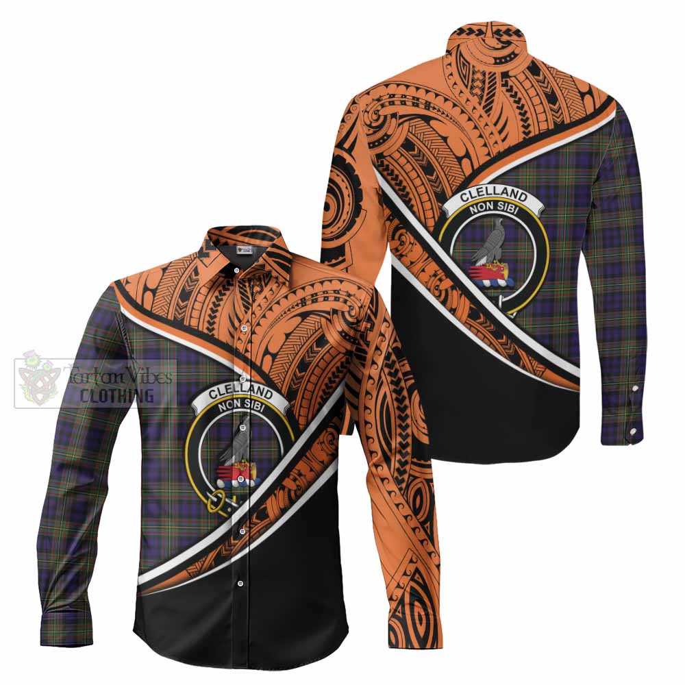 Tartan Vibes Clothing Clelland Crest Tartan Long Sleeve Button Shirt with Maori Tattoo Style - Orange Version