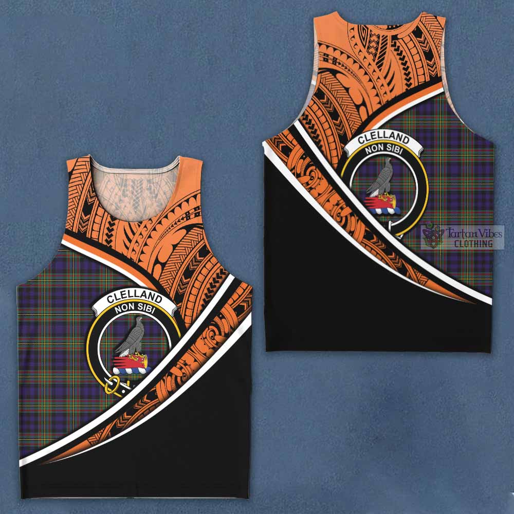 Tartan Vibes Clothing Clelland Crest Tartan Men's Tank Top with Maori Tattoo Style - Orange Version