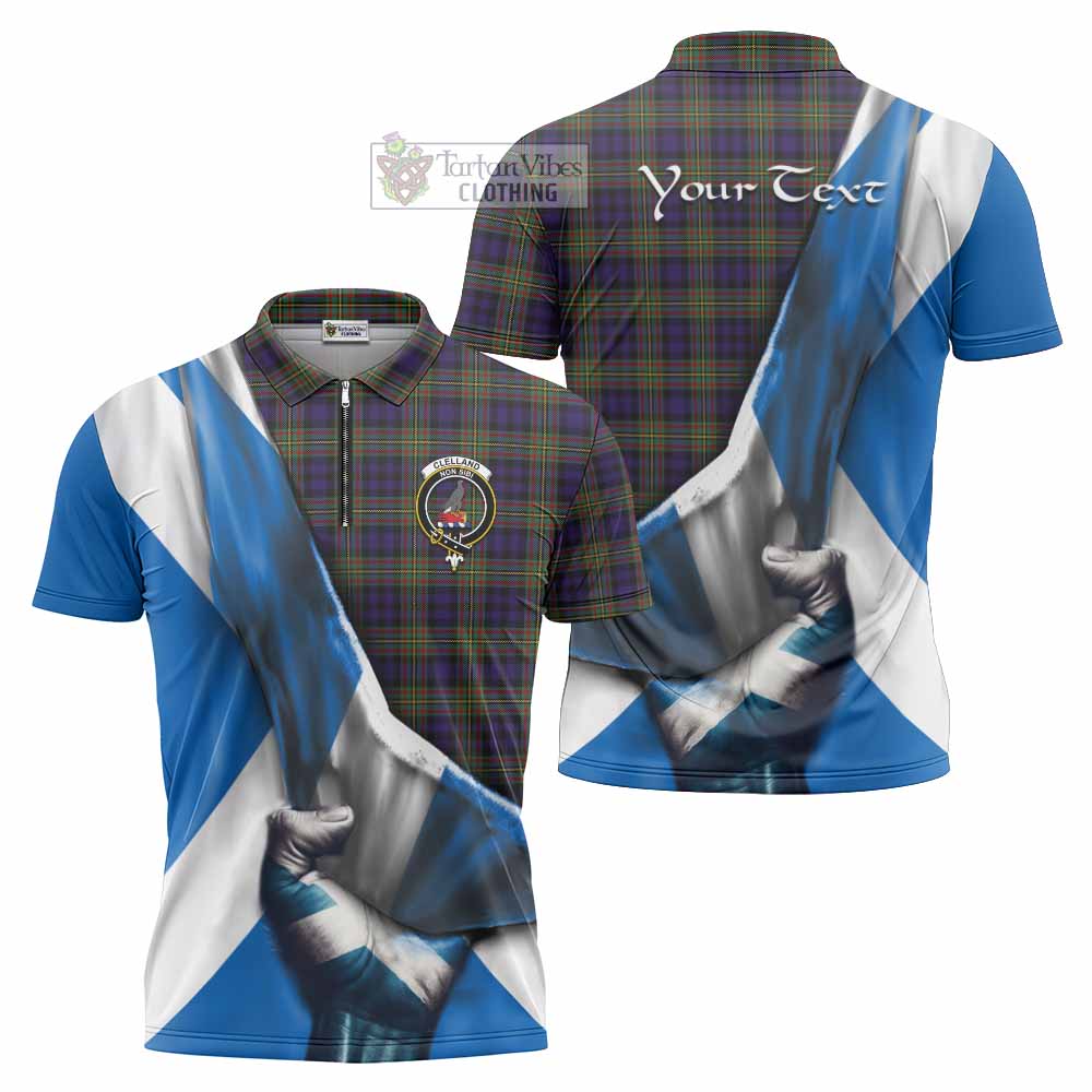 Tartan Vibes Clothing Clelland Tartan Zipper Polo Shirt with Family Crest Scotland Patriotic Style