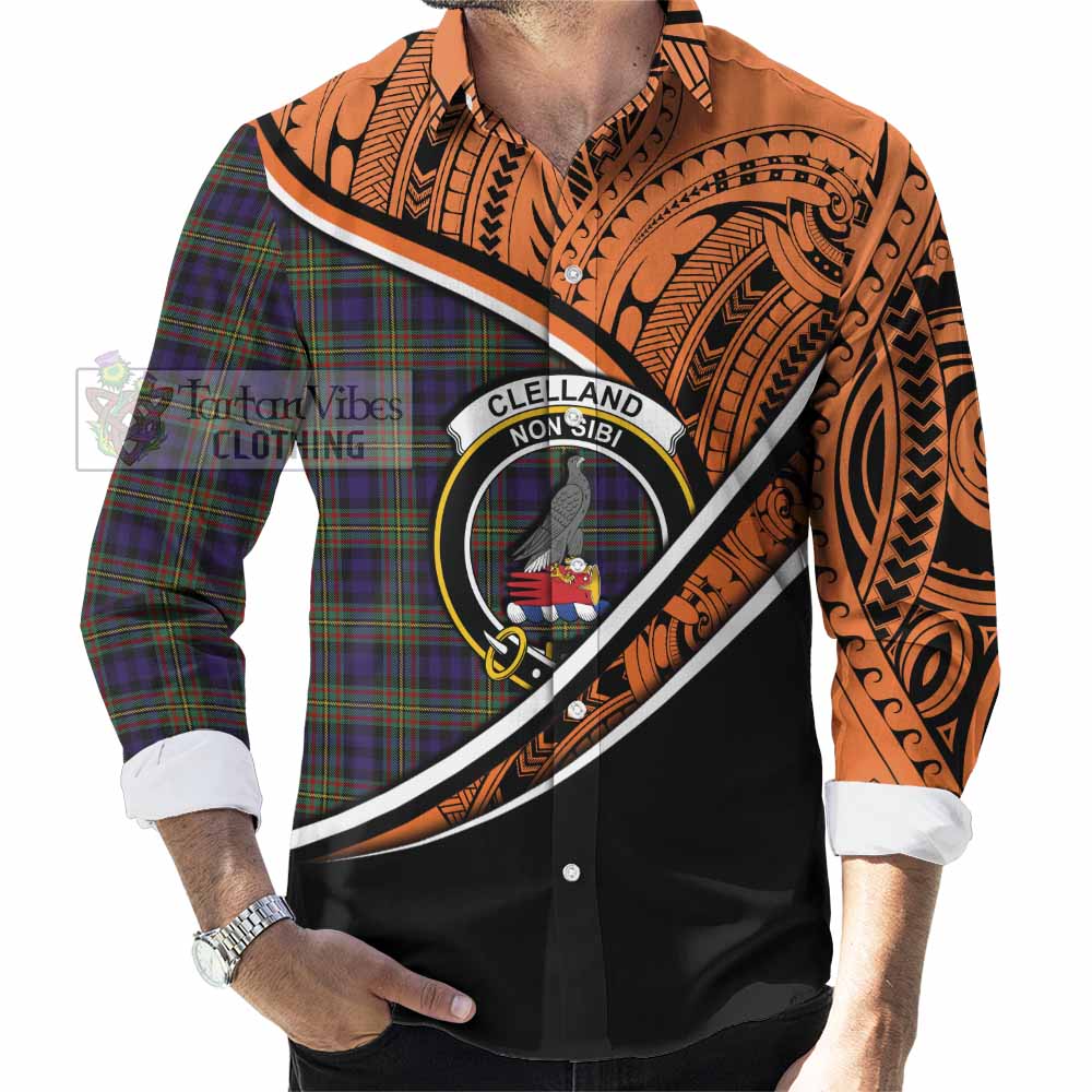 Tartan Vibes Clothing Clelland Crest Tartan Long Sleeve Button Shirt with Maori Tattoo Style - Orange Version