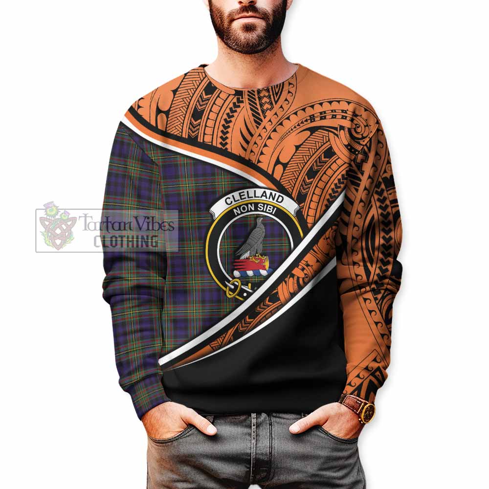 Tartan Vibes Clothing Clelland Crest Tartan Sweatshirt with Maori Tattoo Style - Orange Version