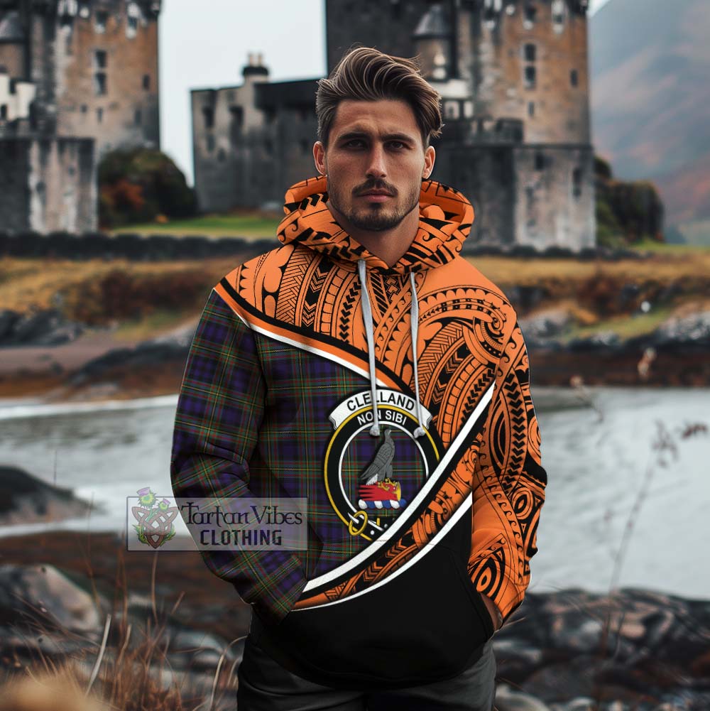 Tartan Vibes Clothing Clelland Crest Tartan Cotton Hoodie with Maori Tattoo Style - Orange Version