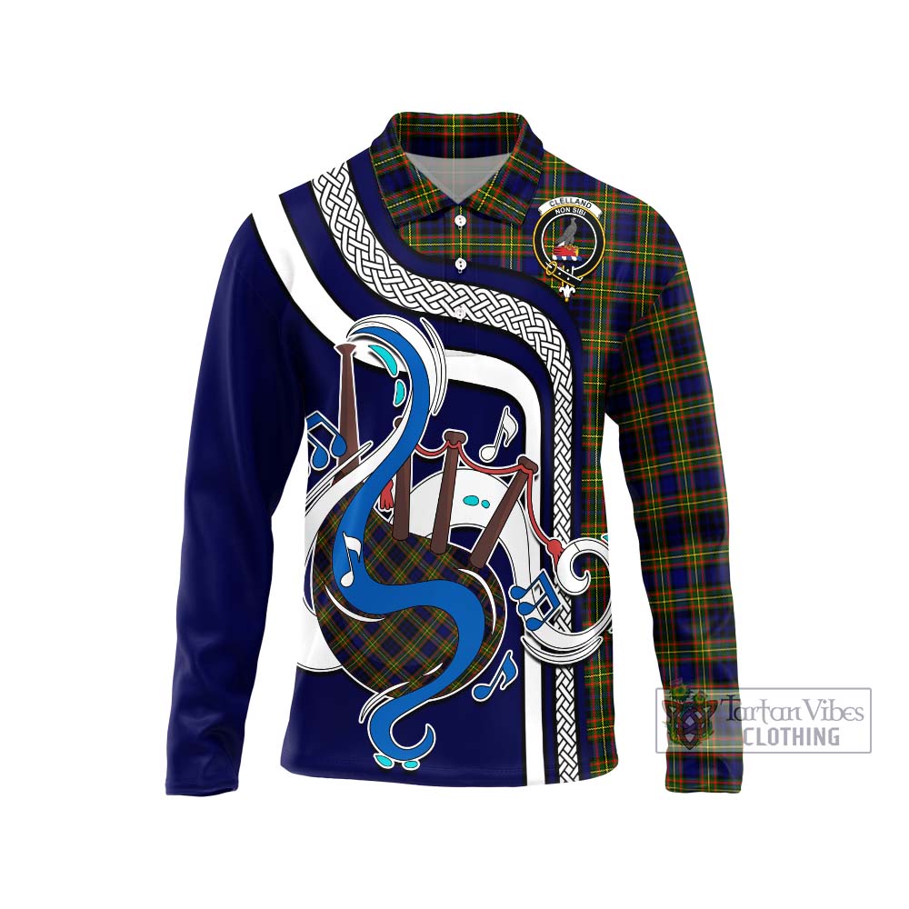 Tartan Vibes Clothing Clelland Modern Tartan Long Sleeve Polo Shirt with Epic Bagpipe Style