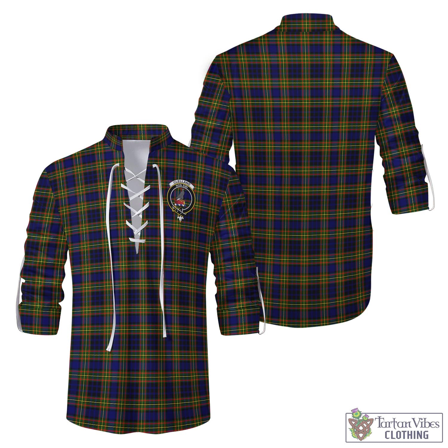 Tartan Vibes Clothing Clelland Modern Tartan Men's Scottish Traditional Jacobite Ghillie Kilt Shirt with Family Crest