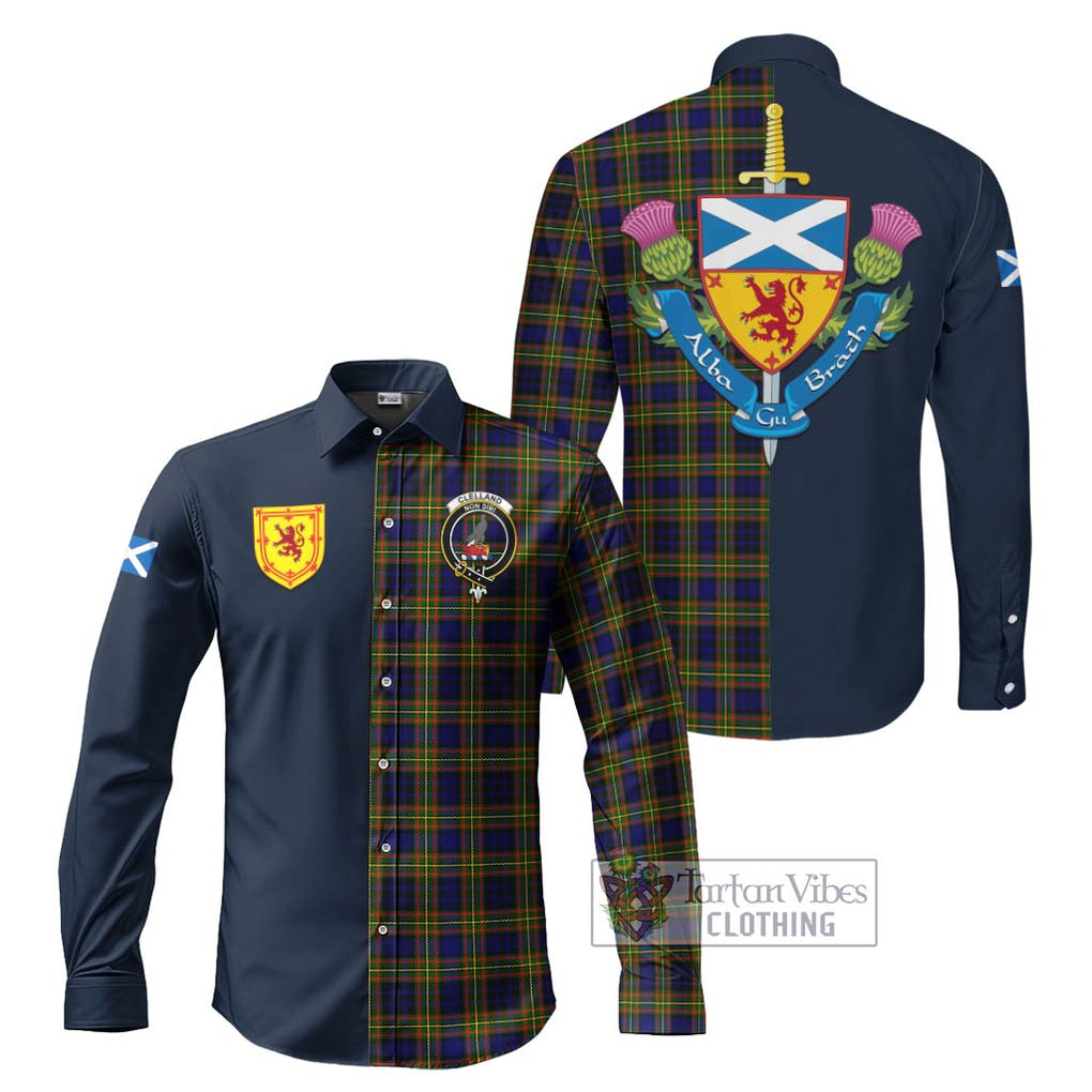 Tartan Vibes Clothing Clelland Modern Tartan Long Sleeve Button Shirt with Scottish Lion Royal Arm Half Style