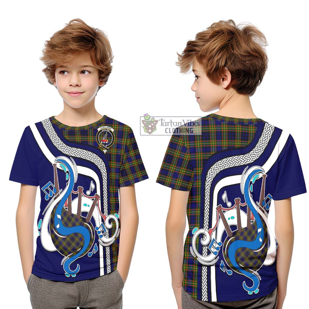 Tartan Vibes Clothing Clelland Modern Tartan Kid T-Shirt with Epic Bagpipe Style