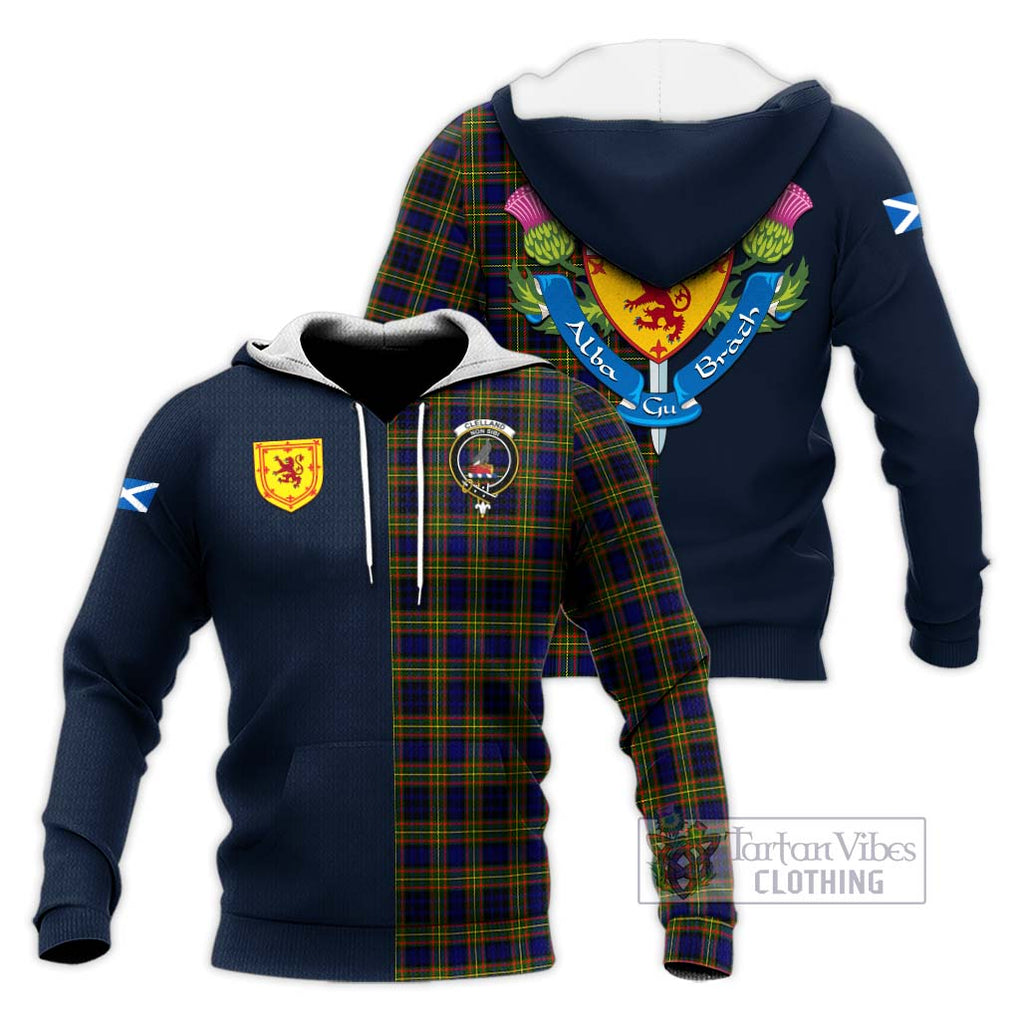 Tartan Vibes Clothing Clelland Modern Tartan Knitted Hoodie with Scottish Lion Royal Arm Half Style