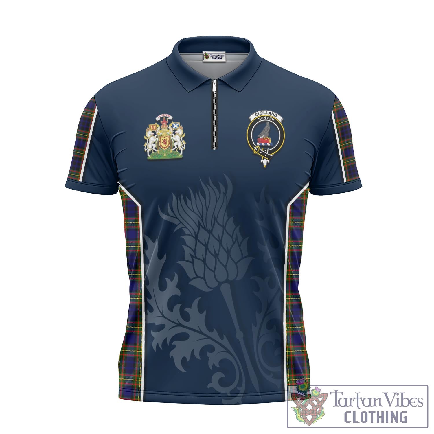 Tartan Vibes Clothing Clelland Modern Tartan Zipper Polo Shirt with Family Crest and Scottish Thistle Vibes Sport Style