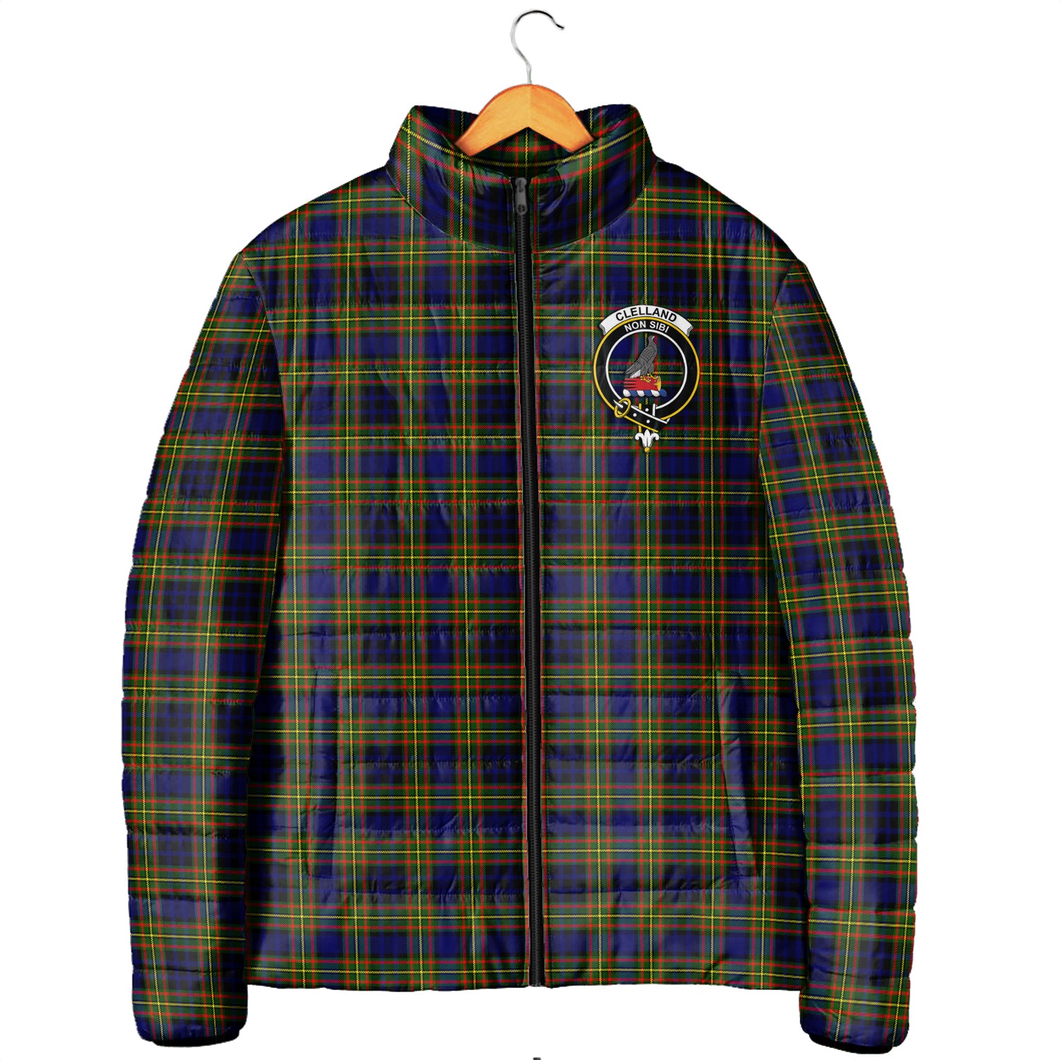 Clelland Modern Tartan Padded Jacket with Family Crest - Tartanvibesclothing