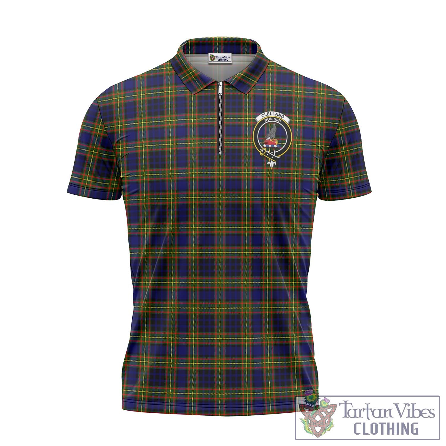 Tartan Vibes Clothing Clelland Modern Tartan Zipper Polo Shirt with Family Crest