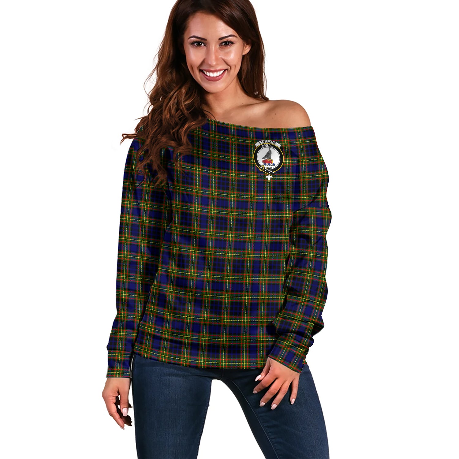 Clelland Modern Tartan Off Shoulder Women Sweater with Family Crest Women - Tartanvibesclothing