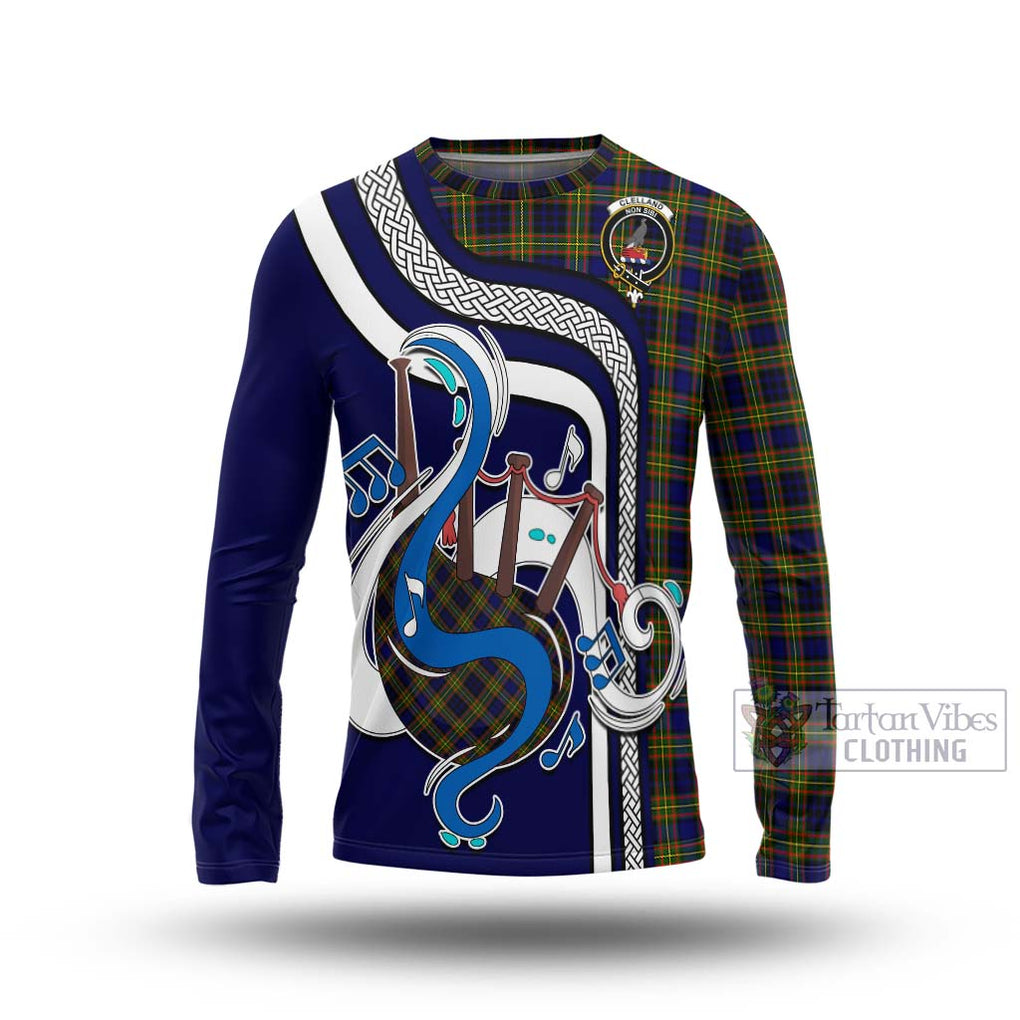 Tartan Vibes Clothing Clelland Modern Tartan Long Sleeve T-Shirt with Epic Bagpipe Style