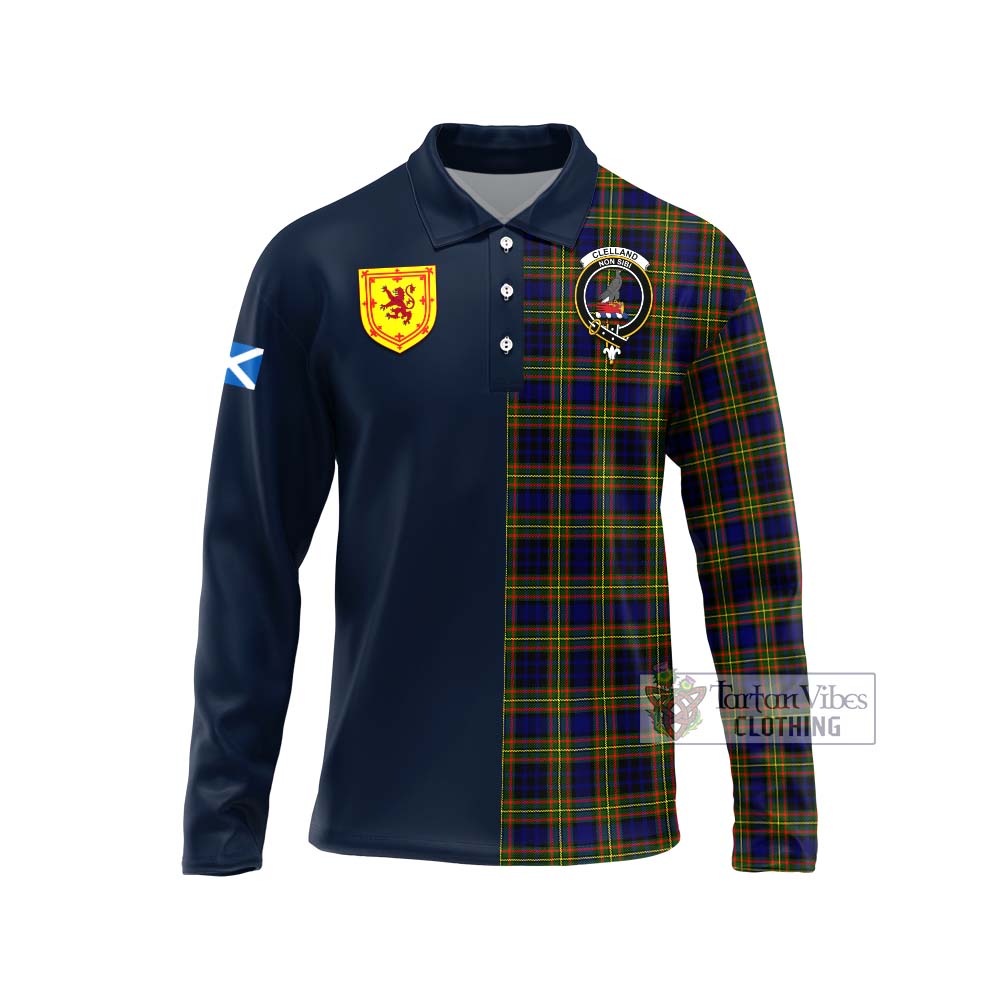 Tartan Vibes Clothing Clelland Modern Tartan Long Sleeve Polo Shirt with Scottish Lion Royal Arm Half Style