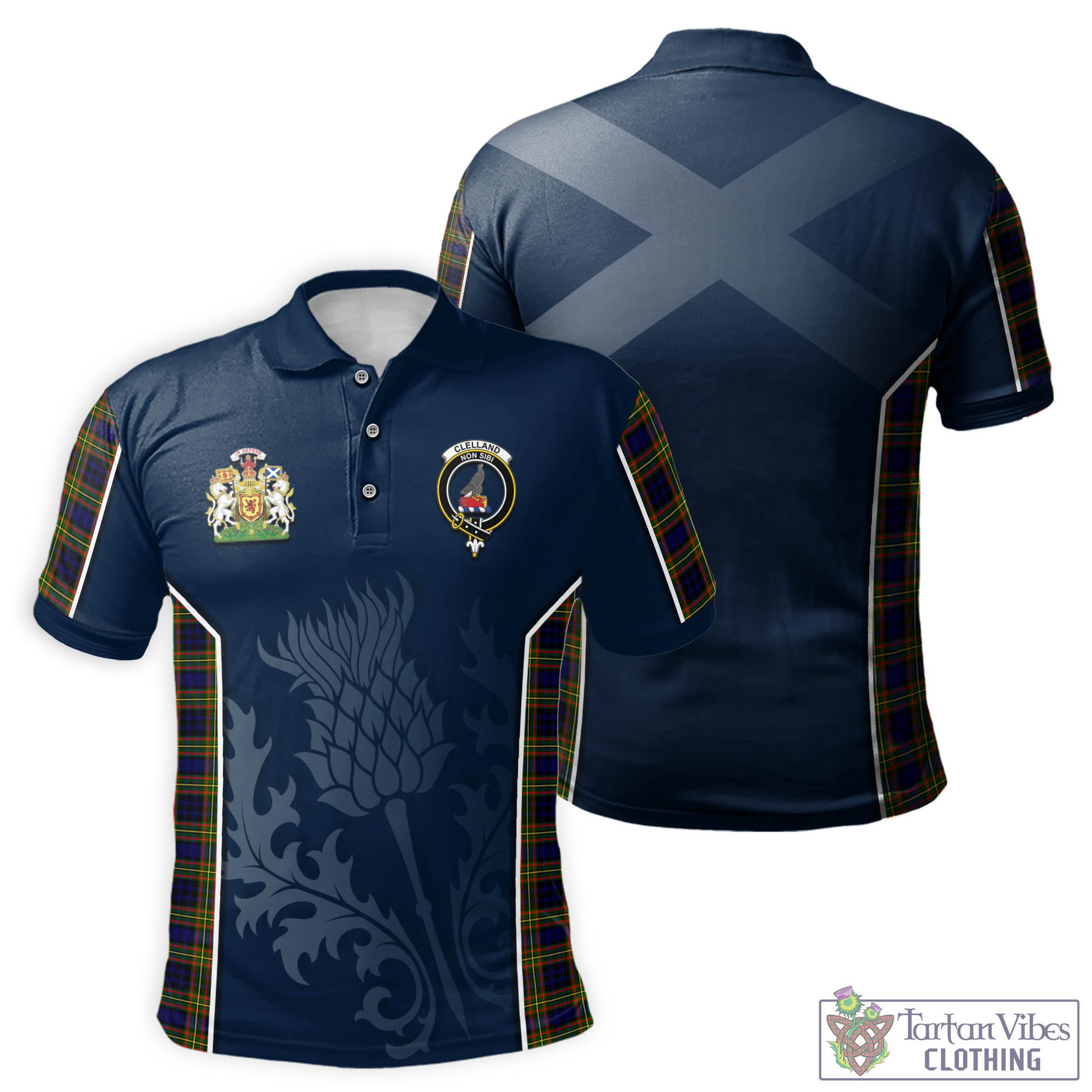 Tartan Vibes Clothing Clelland Modern Tartan Men's Polo Shirt with Family Crest and Scottish Thistle Vibes Sport Style