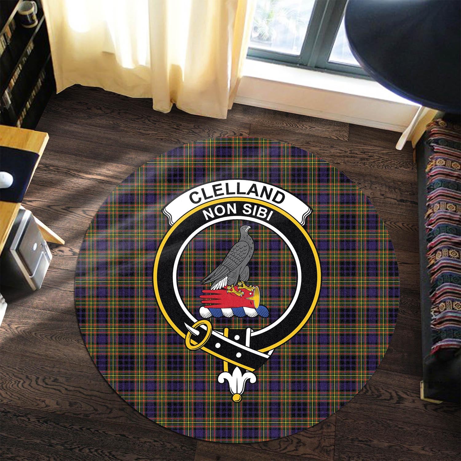 Clelland Modern Tartan Round Rug with Family Crest - Tartanvibesclothing