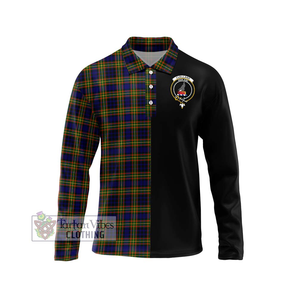 Clelland Modern Tartan Long Sleeve Polo Shirt with Family Crest and Half Of Me Style Unisex - Tartanvibesclothing Shop