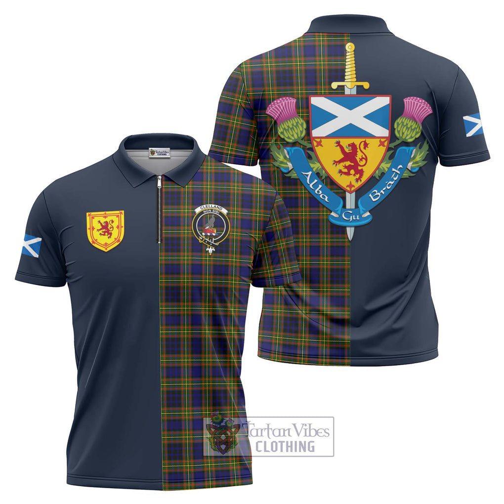 Tartan Vibes Clothing Clelland Modern Tartan Zipper Polo Shirt with Scottish Lion Royal Arm Half Style