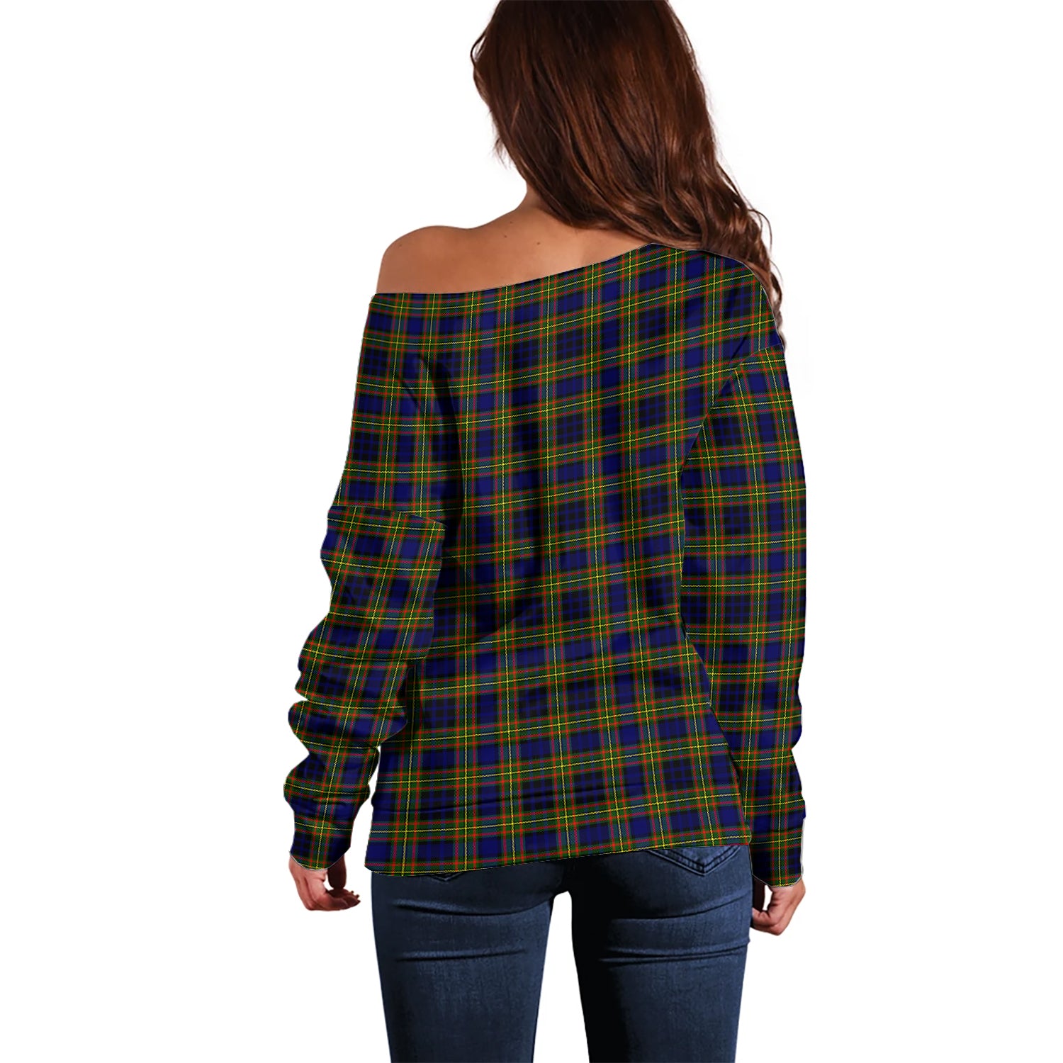 Clelland Modern Tartan Off Shoulder Women Sweater with Family Crest - Tartanvibesclothing