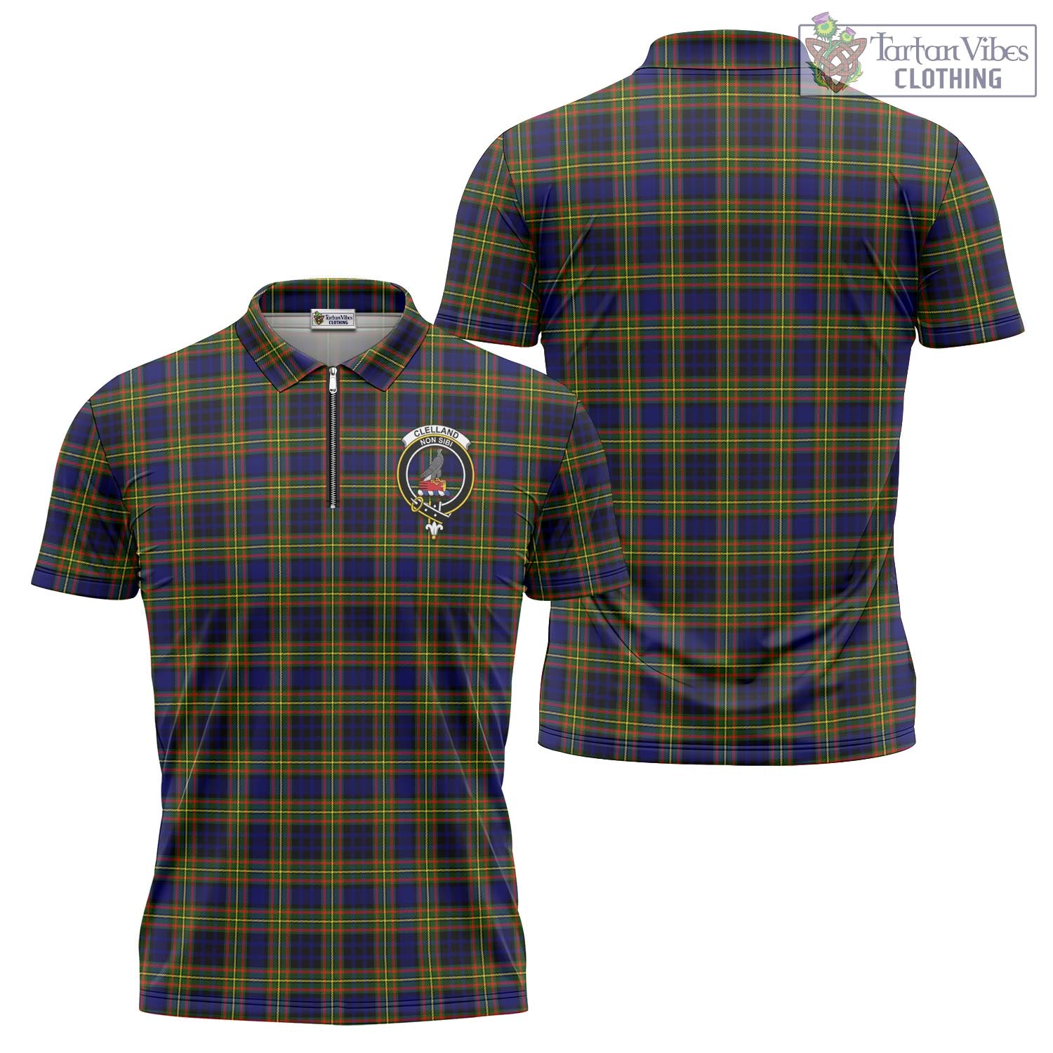 Tartan Vibes Clothing Clelland Modern Tartan Zipper Polo Shirt with Family Crest