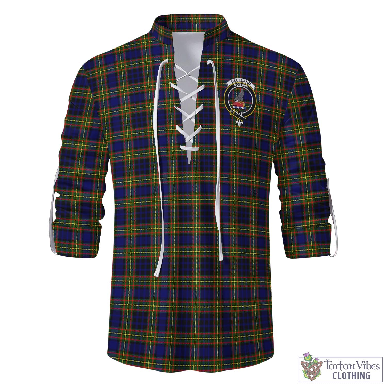 Tartan Vibes Clothing Clelland Modern Tartan Men's Scottish Traditional Jacobite Ghillie Kilt Shirt with Family Crest