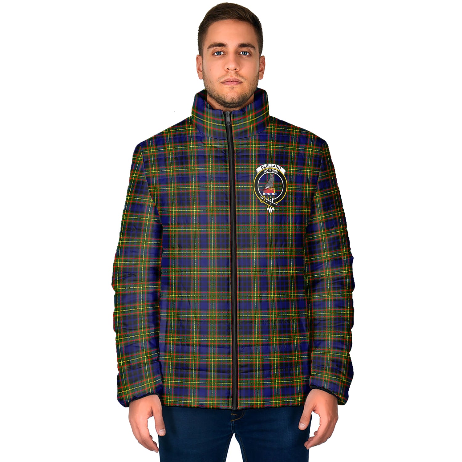 Clelland Modern Tartan Padded Jacket with Family Crest - Tartanvibesclothing