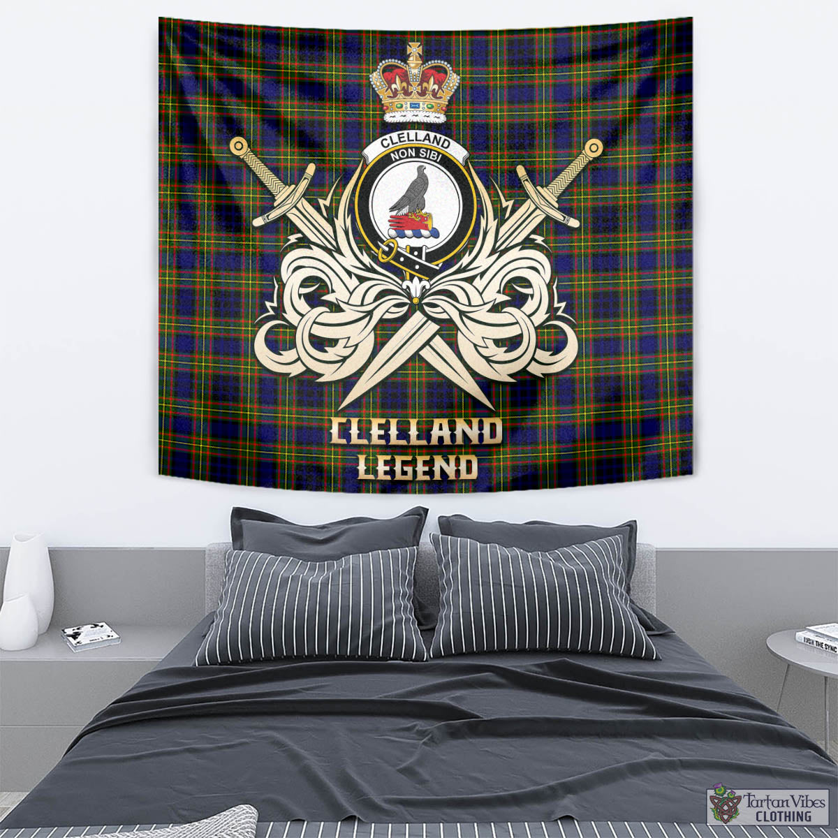 Tartan Vibes Clothing Clelland Modern Tartan Tapestry with Clan Crest and the Golden Sword of Courageous Legacy