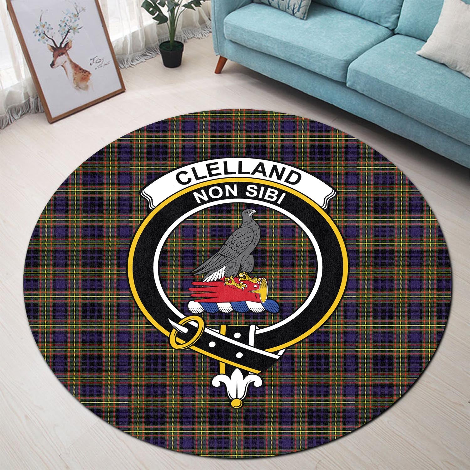 Clelland Modern Tartan Round Rug with Family Crest - Tartanvibesclothing