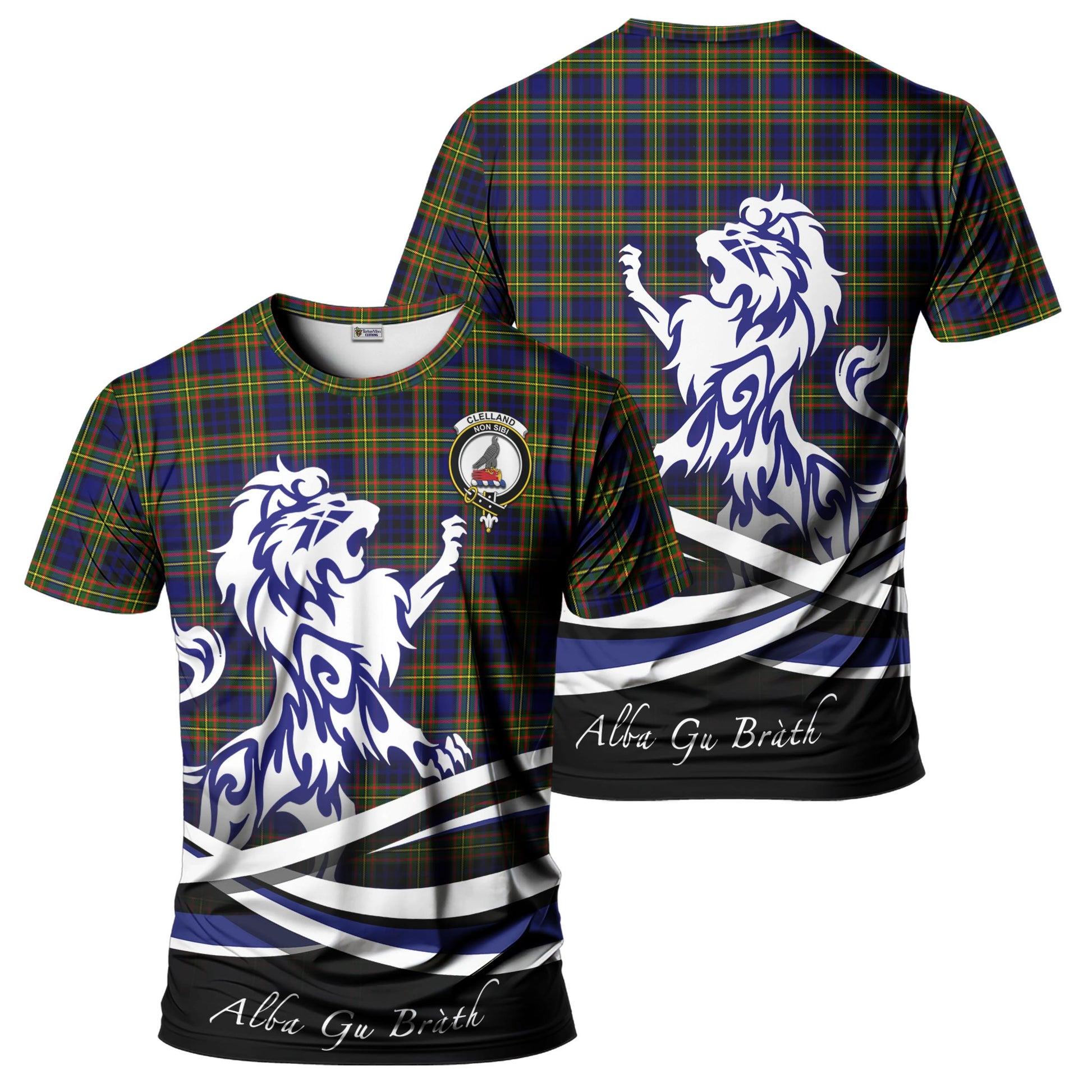 clelland-modern-tartan-t-shirt-with-alba-gu-brath-regal-lion-emblem