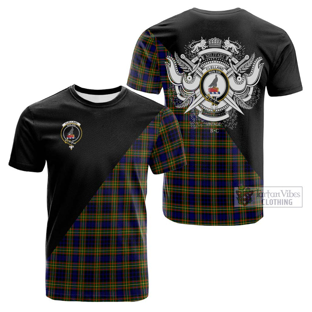 Tartan Vibes Clothing Clelland Modern Tartan Cotton T-shirt with Family Crest and Military Logo Style