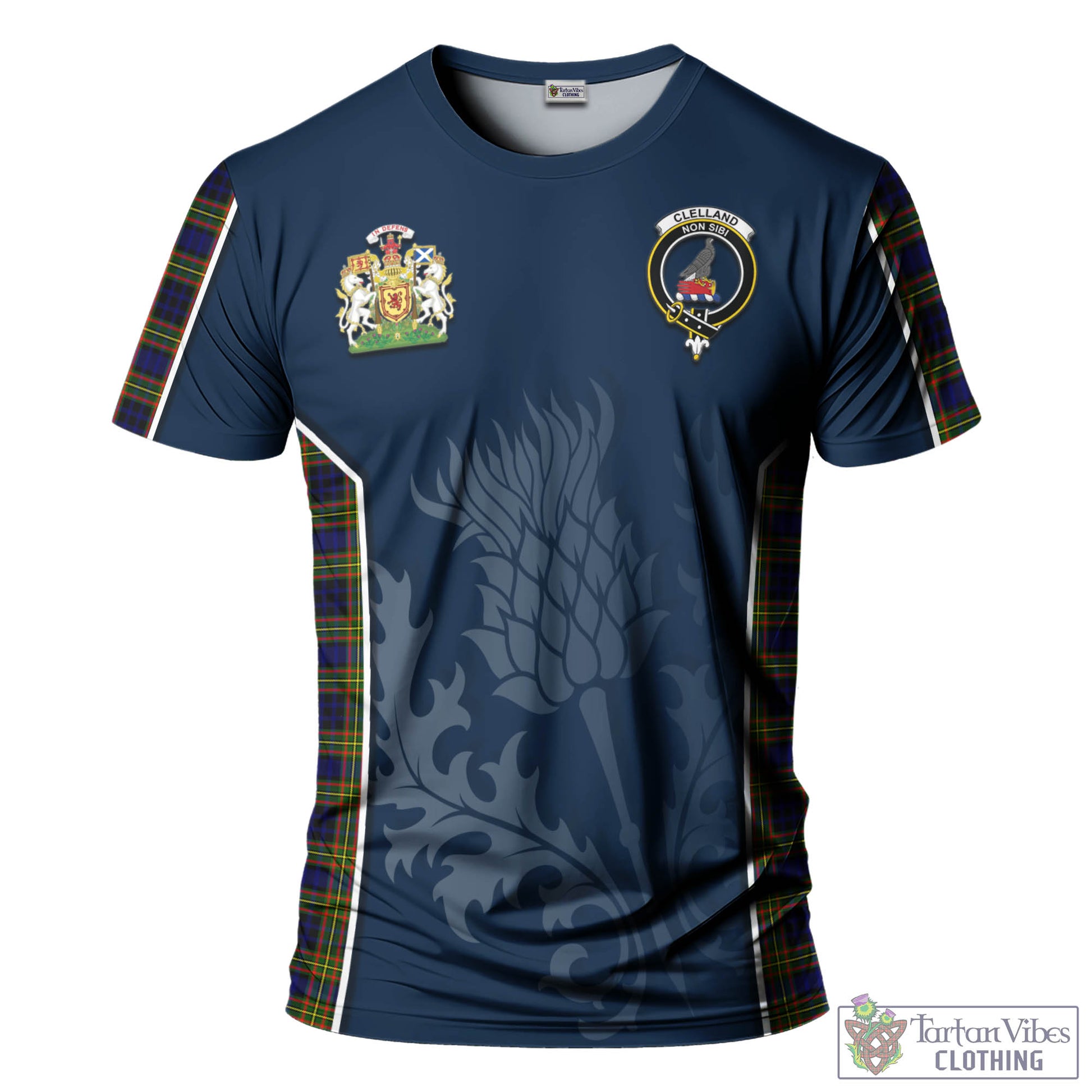 Tartan Vibes Clothing Clelland Modern Tartan T-Shirt with Family Crest and Scottish Thistle Vibes Sport Style