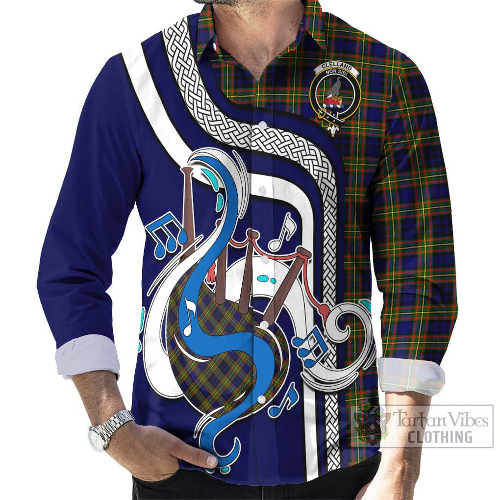 Clelland Modern Tartan Long Sleeve Button Shirt with Epic Bagpipe Style - Tartanvibesclothing Shop