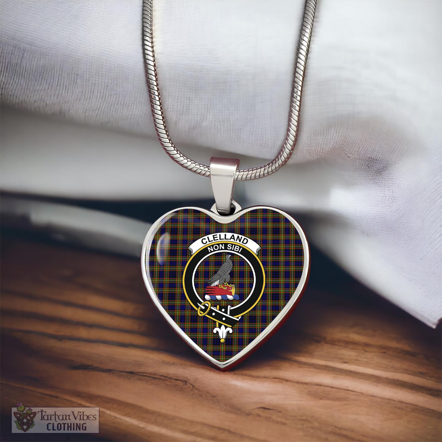 Tartan Vibes Clothing Clelland Modern Tartan Heart Necklace with Family Crest