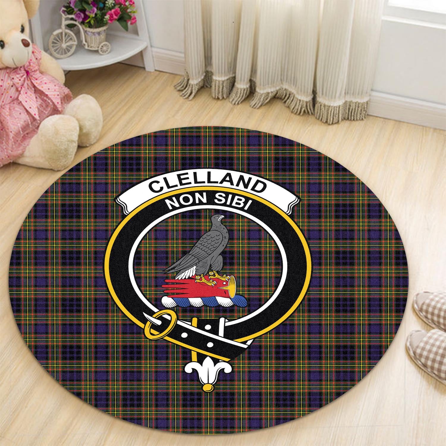 Clelland Modern Tartan Round Rug with Family Crest - Tartanvibesclothing