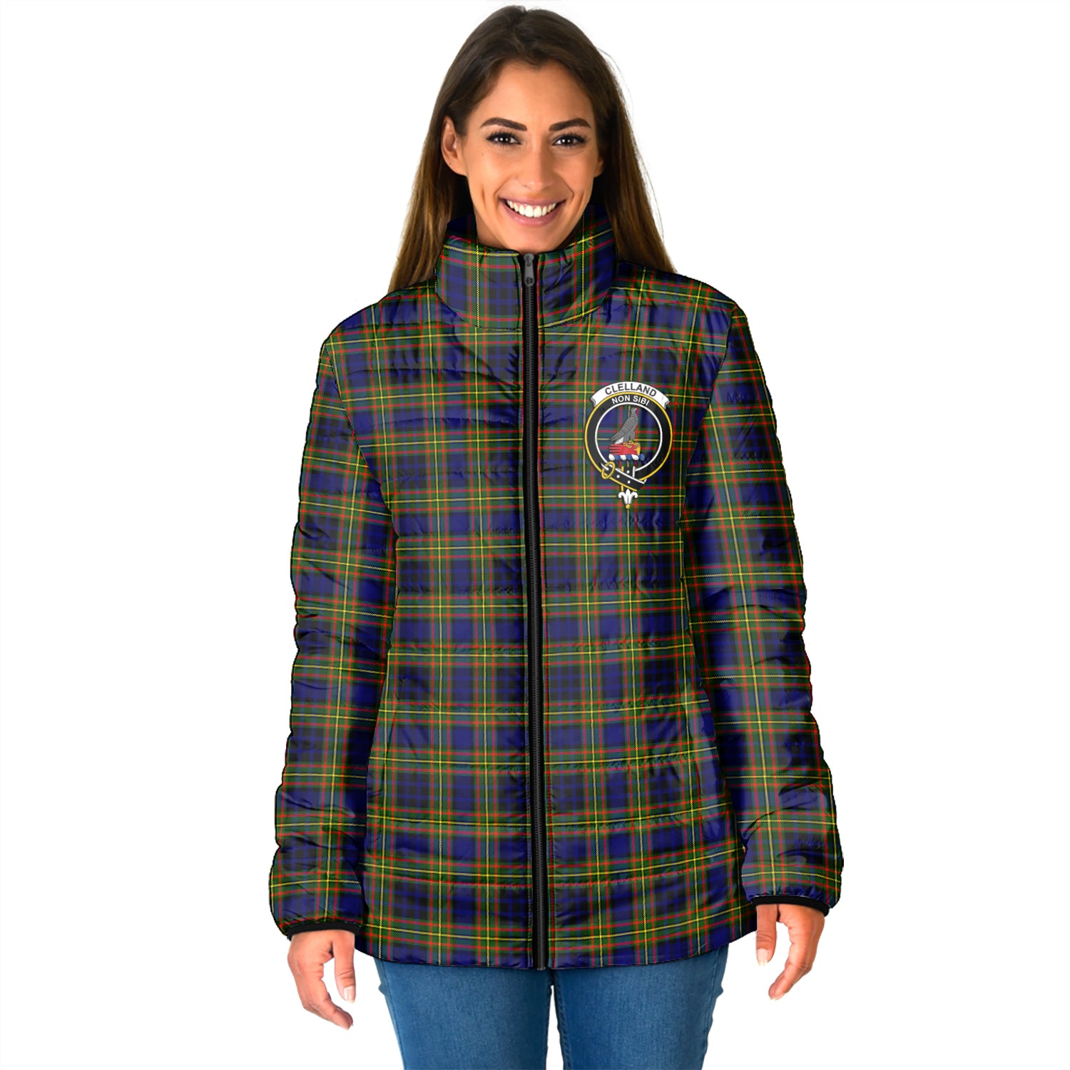 Clelland Modern Tartan Padded Jacket with Family Crest - Tartanvibesclothing