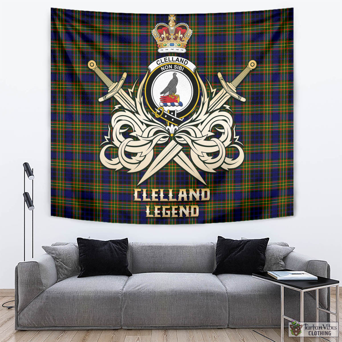 Tartan Vibes Clothing Clelland Modern Tartan Tapestry with Clan Crest and the Golden Sword of Courageous Legacy